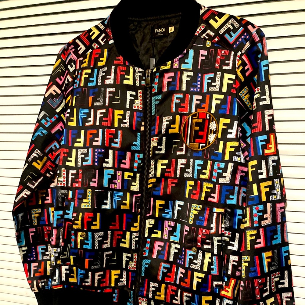 Fendi fun fair bomber jacket, pretty little things heels, Liliana gold heels